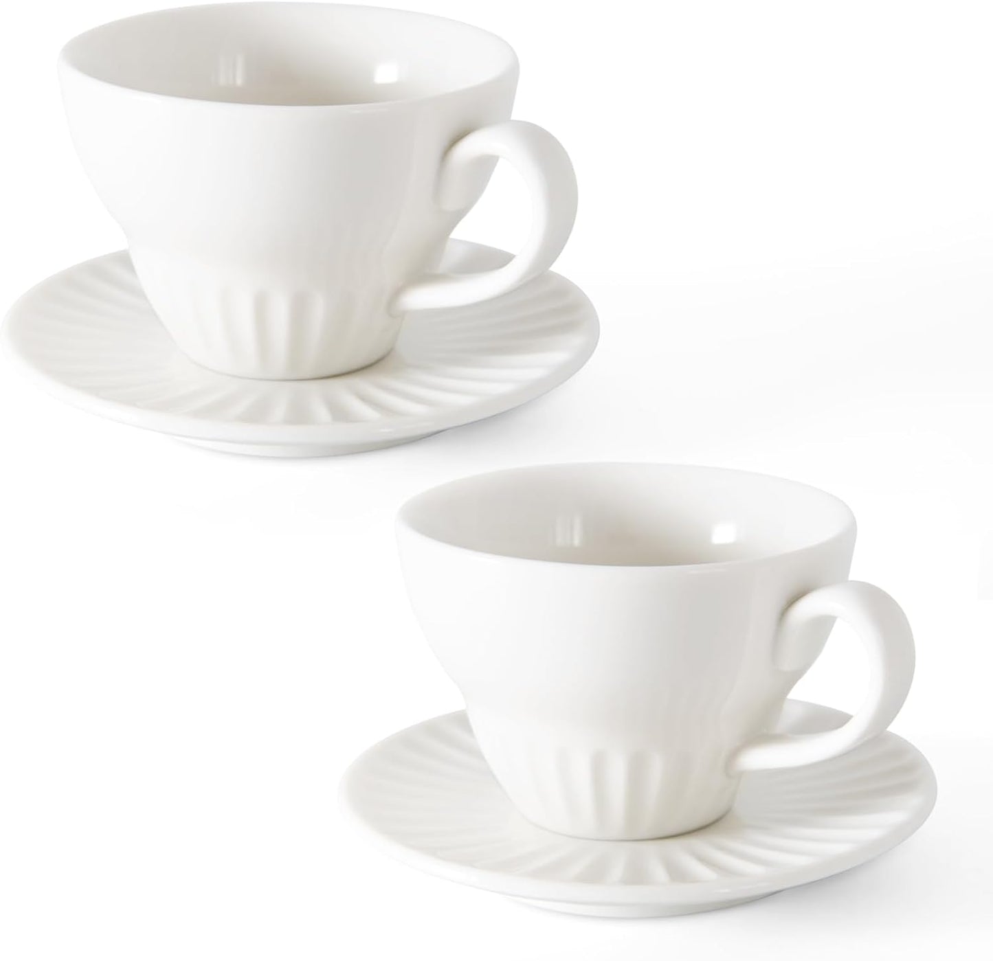 4 oz White Espresso Cups Set of 2, Ceramic Cappuccino Cups with Saucers, Durable Porcelain Tea Set & Modern Coffee Cup Collection, Coffee Lover Gifts