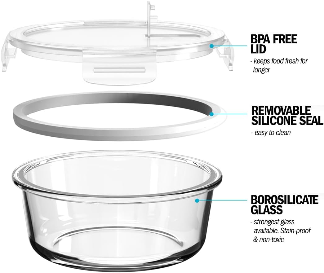 Igluu Meal Prep Glass Containers [5 pack + extra lid] - Glass Food Storage, Microwave, Oven, Freezer & Dishwasher -safe - Airtight Meal Prep Boxes with Snap Lock Steam Vent Lids, BPA-Free (950ml 32oz)