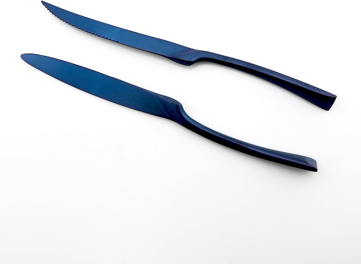 JASHII Luxury 18/10 Stainless Steel 8 Piece Matte Jubilee Blue Serrated Steak Knife Colorful Serving Black Utensil Set Replace Black