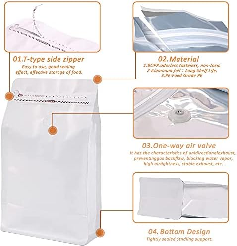 REMTAP Coffee Bags with Valve(50pcs,16oz) white High Barrier Aluminumed Foil Flat Bottom Standing Coffee Beans Storage Bags,Reusable Heat Sealable Side Zipper Pouches for Home or Store