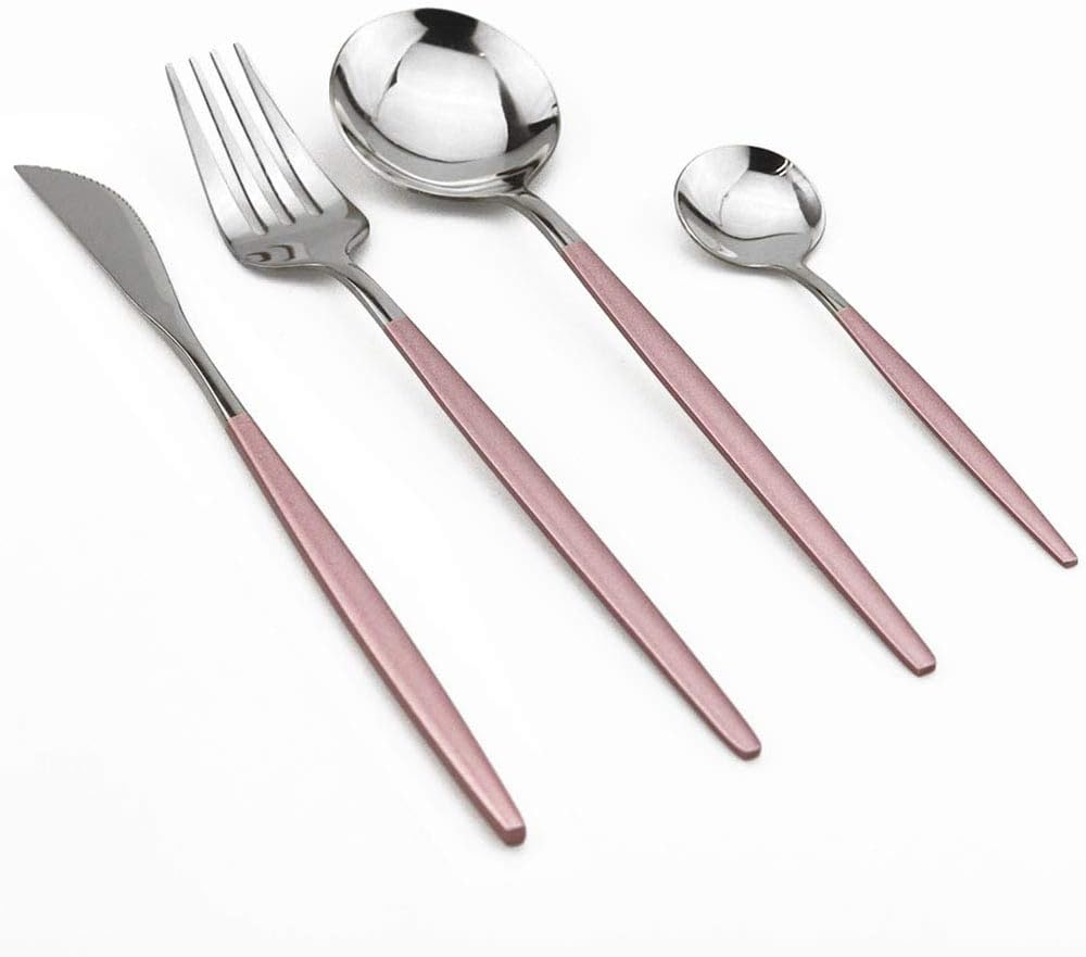 24-Piece Flatware Set, 18/0 Stainless Steel Knife Fork Spoon Teaspoon Silverware Set, Service for 6, Pink Handle Silver