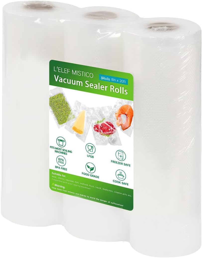 L'ELEF MISTICO Vacuum Sealer Bags for Food, 8''X20' (3 Rolls) BPA Free Food Saver Bags for Sealer, Customized Size Vacuum Storage Bags for Sous Vide or Meal Prep