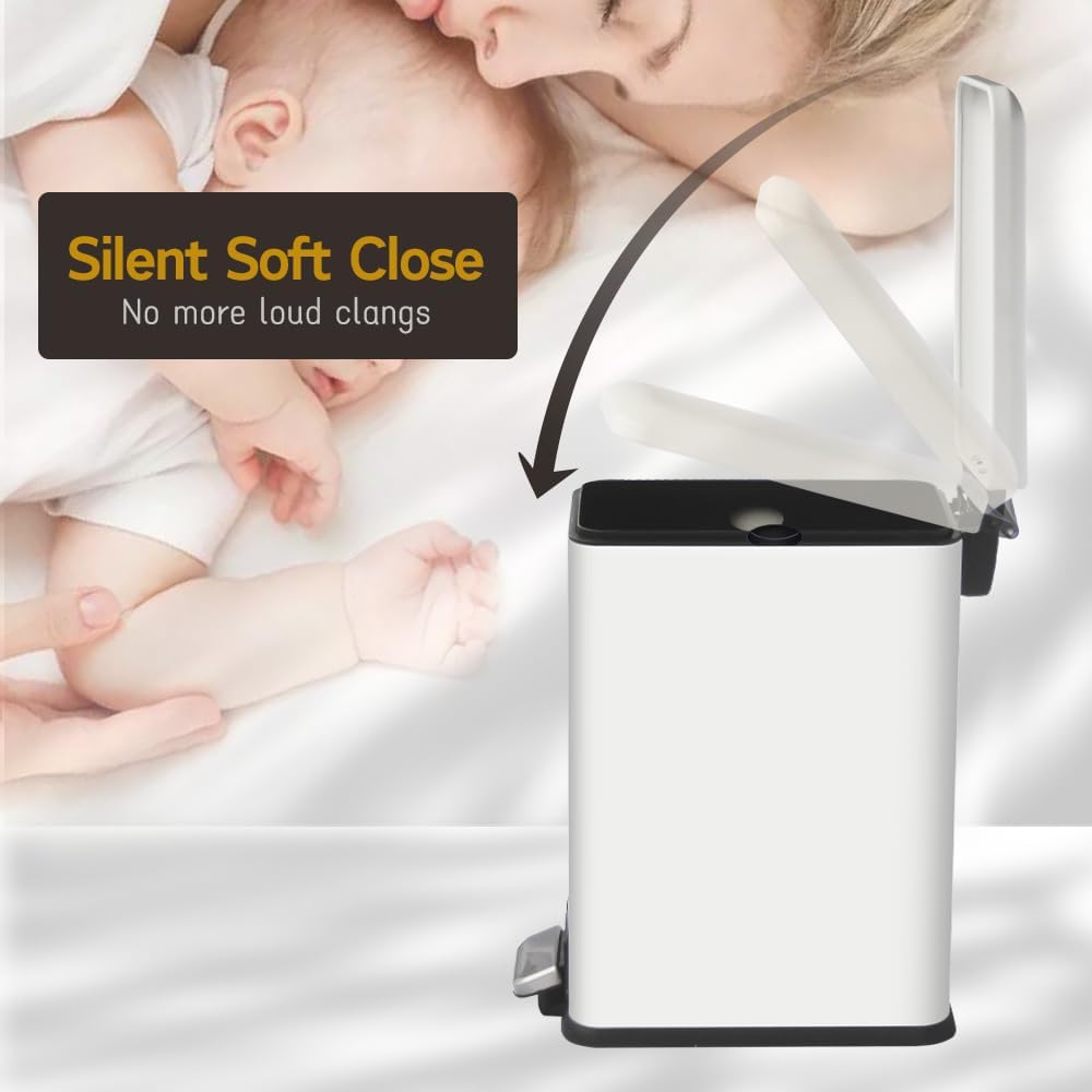 White 10L/2.6 Gallon Bathroom Trash Can with Lid,features a removable inner bucket, a soft - close lid, and a stainless - steel step pedal,ideal for use in the bathroom, kitchen, and home office.