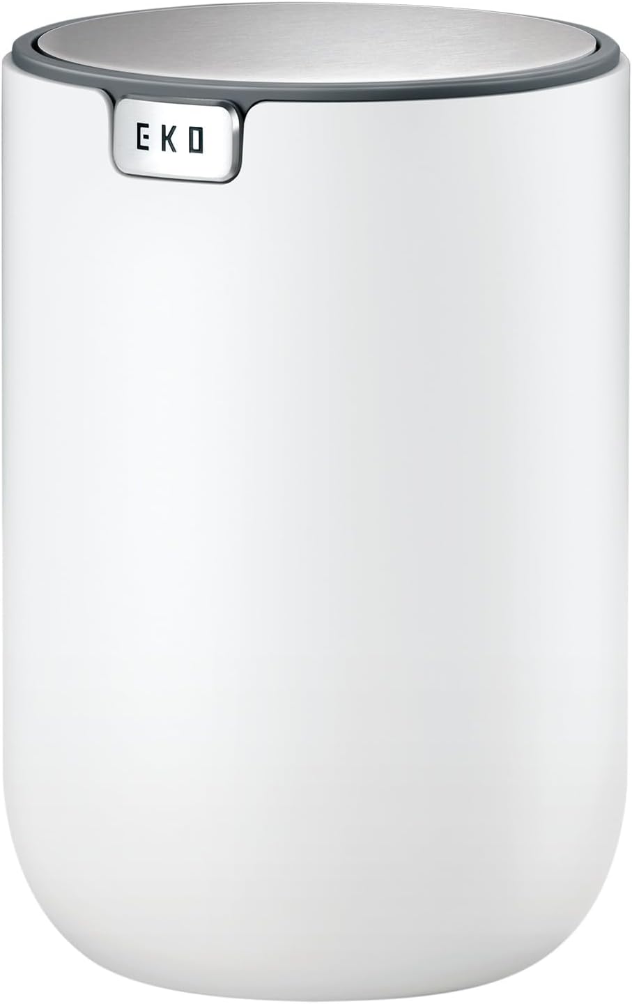 EKO Mini Desk Trash Can with Swing-Top Lid 0.4 Gallon Small Table Round Wastebasket for Office, Home, Car (White)
