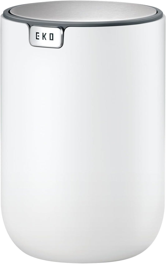 EKO Mini Desk Trash Can with Swing-Top Lid 0.4 Gallon Small Table Round Wastebasket for Office, Home, Car (White)