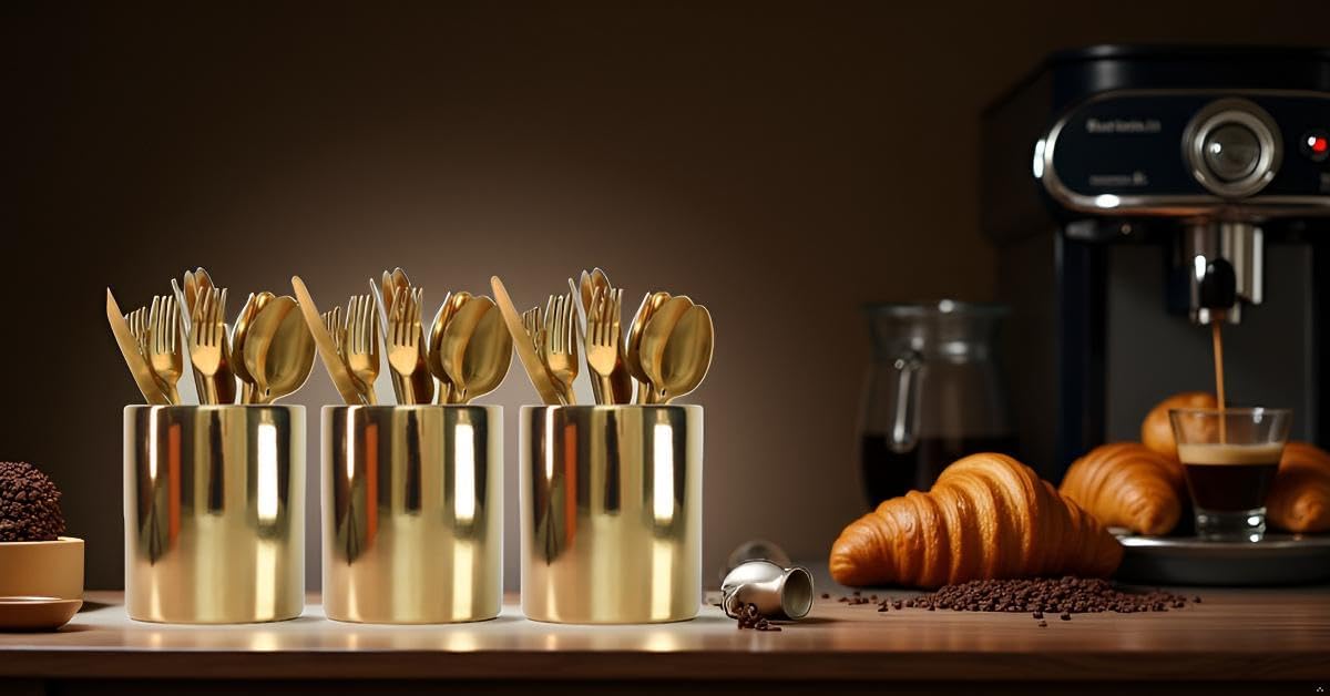 Gold Utensils Holder, Caddy Cutlery Holder Silverware, Utensils Organizer Elegant white Porcelain, Spoon Holder for Party Tableware Holder for Kitchen Table, Cabinet