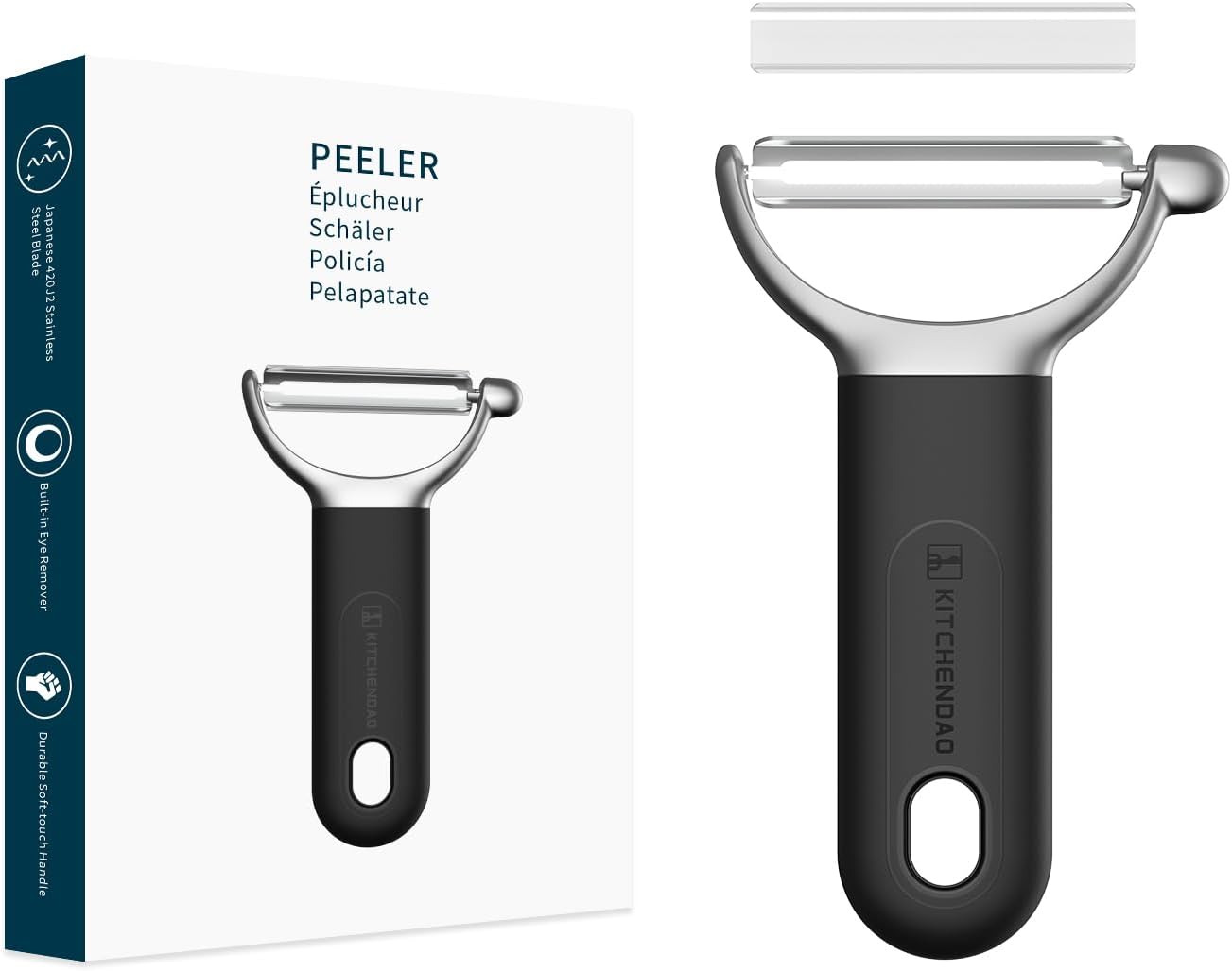 KITCHENDAO Swivel Vegetable Potato Peeler for Kitchen, Japanese Stainless Steel Sharp Blade, Heavy Duty Die-cast Construction Y Peeler, Built-in Eye Remover, Soft-touch Handle, Dishwasher Safe, Black