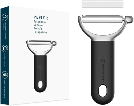 KITCHENDAO Swivel Vegetable Potato Peeler for Kitchen, Japanese Stainless Steel Sharp Blade, Heavy Duty Die-cast Construction Y Peeler, Built-in Eye Remover, Soft-touch Handle, Dishwasher Safe, Black