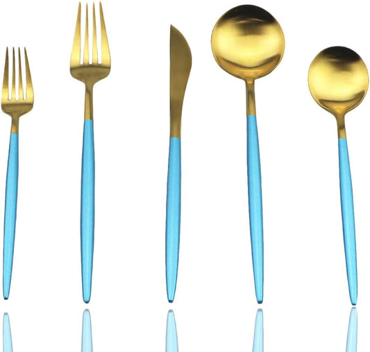 JASHII Silverware Sets, 20-Piece Flatware 18/10 Stainless Steel Heavy Weight Forged Cutlery Eating Utensils Forks Spoons Knives Set Tableware Service for 4 Matte Finished (Blue & Gold)