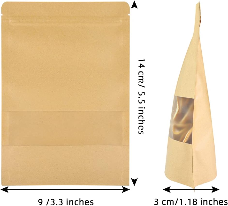 100 Pcs Kraft Stand Up Pouches 3.5 x 5.5 Inch Resealable Zip Lock Food Storage Bags with Matte Window for Packaging