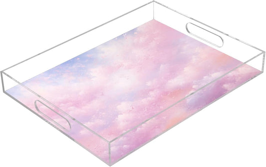 Plastic Food Serving Tray Decorative Vanity Trays for Bathroom Pink Sky Coffee Table Kitchen Counter 11.8 * 15.7in
