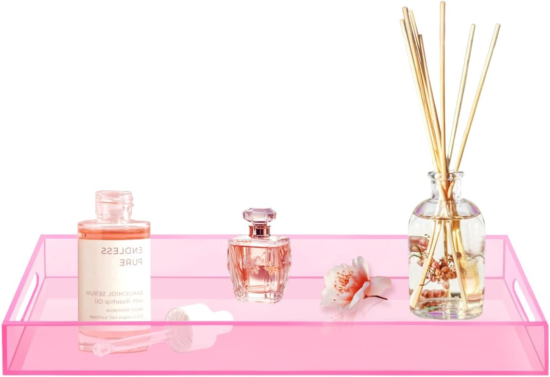 SetGame Acrylic Serving Tray with Handles, Bathroom Desktop Decorative Storage Arylic Trays, Simple Vanity Tray Food Tea Fruit Dinner Snack Tray for Bar Kitchen Party