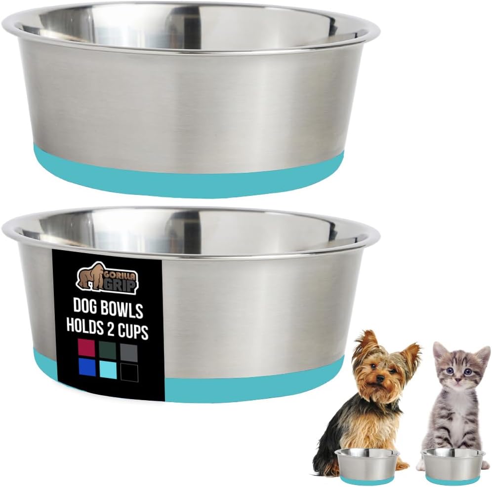 GORILLA GRIP Set of 2 Dog Bowls, Heavy Duty Metal Food and Water Bowl for Feeding Dogs and Cats, Dishwasher Safe Rust Resistant Stainless Steel, BPA Free Rubber Base, Holds 2 Cups (16 fl oz) Turquoise