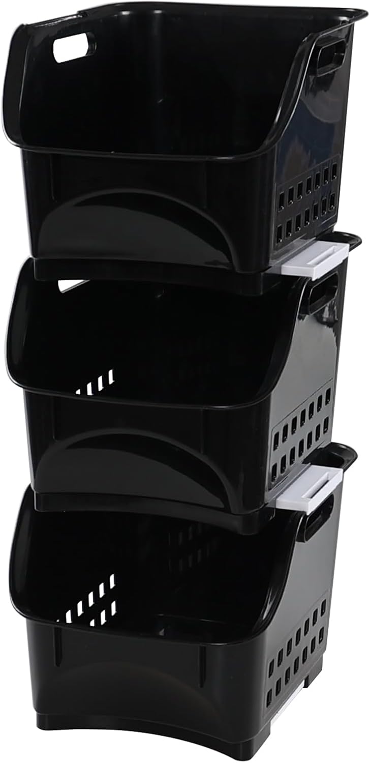 Teyyvn 3-Pack Plastic Stackable Storage Bins, Black Stackable Bins For Pantry