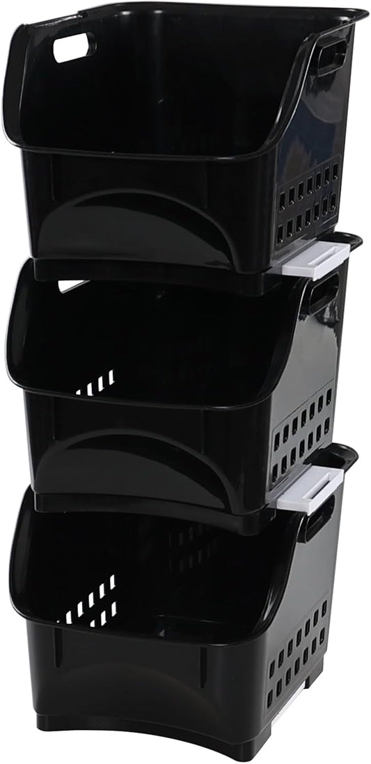 Teyyvn 3-Pack Plastic Stackable Storage Bins, Black Stackable Bins For Pantry