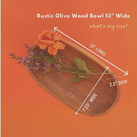 Rustic Olive Wood Bowl with Servers, Serving Dish for Salad, Pasta, Fruit, Kitchen Countertop Decor, Handcarved, 13 Inch Wide, Oval Shape, 3pcs