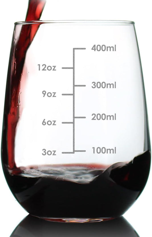 Bevvee Wine Measuring Cup - Stemless Wine Glass - Engraved Measurement Lines for Portion Control - Ounces and Metric - Large 17 Ounce
