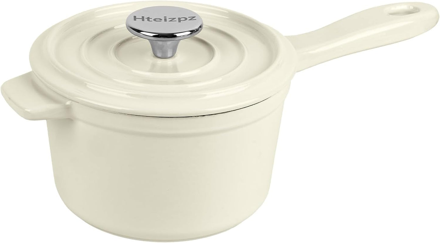 Enameled Cast Iron Sauce Pan with Lid, 1.7 Quart Saucepan with Lid, Small Dutch Oven Pot, Suitable for Small Portions of Soup, Sauces, Oatmeal, White