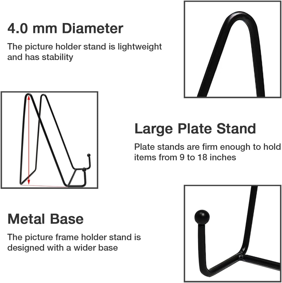 7 Pack 8 Inch Large Plate Stands for Display, Metal Black Plate Holder Display Stand, Picture Frame Stands for Book, Photo Easel, Decorative Plates