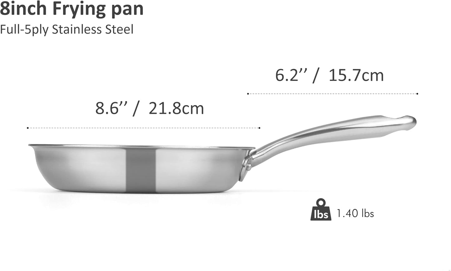 5-ply Stainless Steel Frying Pan 8inch, Full 5-Ply Clad Construction Professional Grade Pan, Brushed Finish, Induction Cooking Pan, Oven Safe, Dishwasher Safe