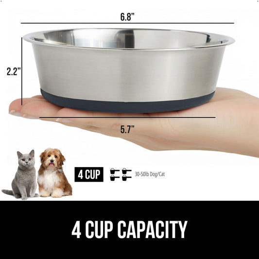 GORILLA GRIP Set of 2 Dog Bowls, Holds 4 Cups (32 fl oz), Heavy Duty Metal Food and Water Bowl for Feeding Dogs and Cats, Dishwasher Safe, Rust Resistant Stainless Steel, BPA Free Rubber Base, Gray