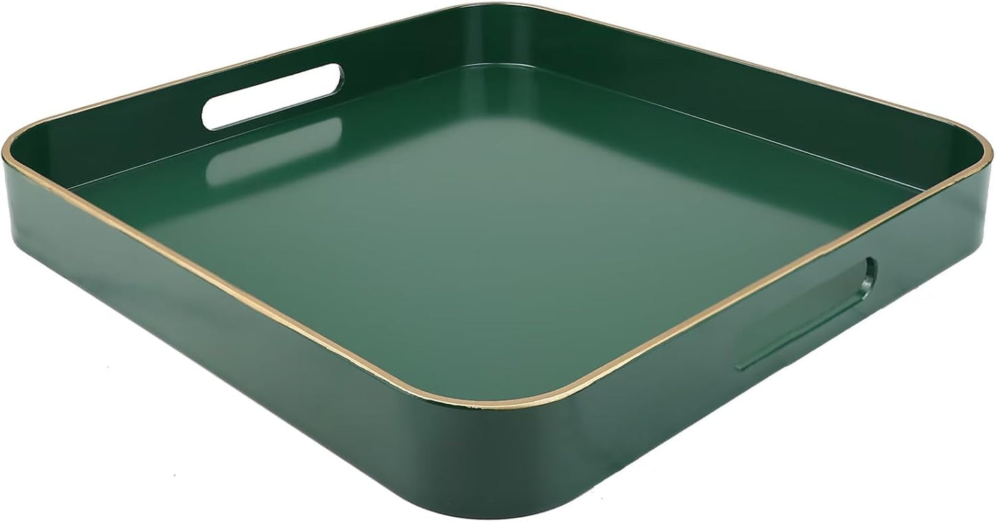 Green Square Decorative Tray with Handles, 13"*13" Versatile Serving Tray for Coffee Table, Ottoman, Ideal for Serving, Displaying, Organizing