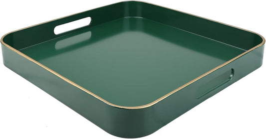 Green Square Decorative Tray with Handles, 13"*13" Versatile Serving Tray for Coffee Table, Ottoman, Ideal for Serving, Displaying, Organizing