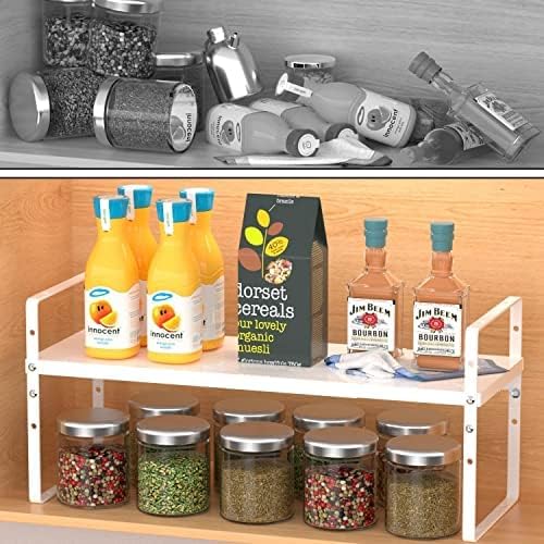 Expandable Stackable Spice Rack Cabinet Shelf Organizer in Cabinets Shelves Kitchen Cupboard Organization Stack up Racks Pantry Countertop Storage Medium/White 2 Packs