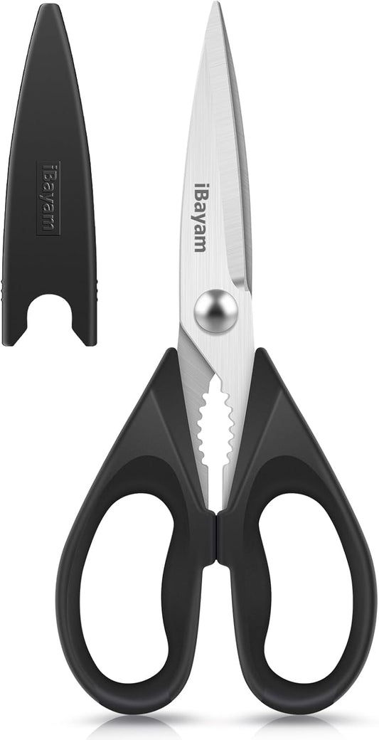 iBayam Stocking Stuffers for Men, White Elephant Gifts for Adults, All Purpose Kitchen Scissors 8.5" Cooking Scissors with Sheath, Black Kitchen Accessories