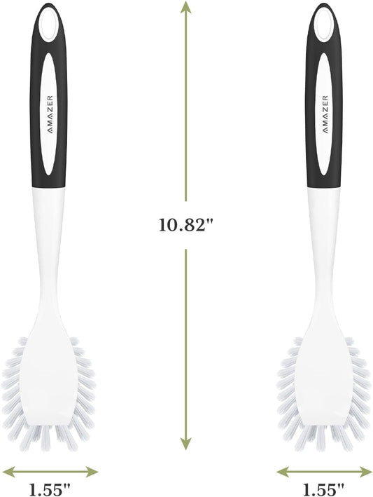Amazer Dish Brush with Handle, 2 Pack Kitchen Scrub Brushes for Cleaning, Dish Scrubber with Stiff Bristles for Sink, Pots, Pans