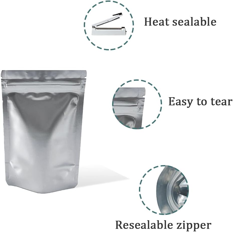PABCK 50 Pieces 4.3x6.3 inch(Inside Size 3.5x3.9 inch) Stand-Up Resealable Heat Seal Bags 3.55mil Thick Frosted Silver Foil Sealed Bags for Zip Packaging Lock Food Storage Pouch