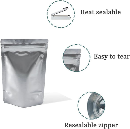 PABCK Small Stand-Up Resealable Heat Seal Bags 3.55mil Frosted Silver Mylar Foil Sealed Bags 50 Pieces 3.35x5.1 inch for Zip Packaging Lock Food Storage Pouch