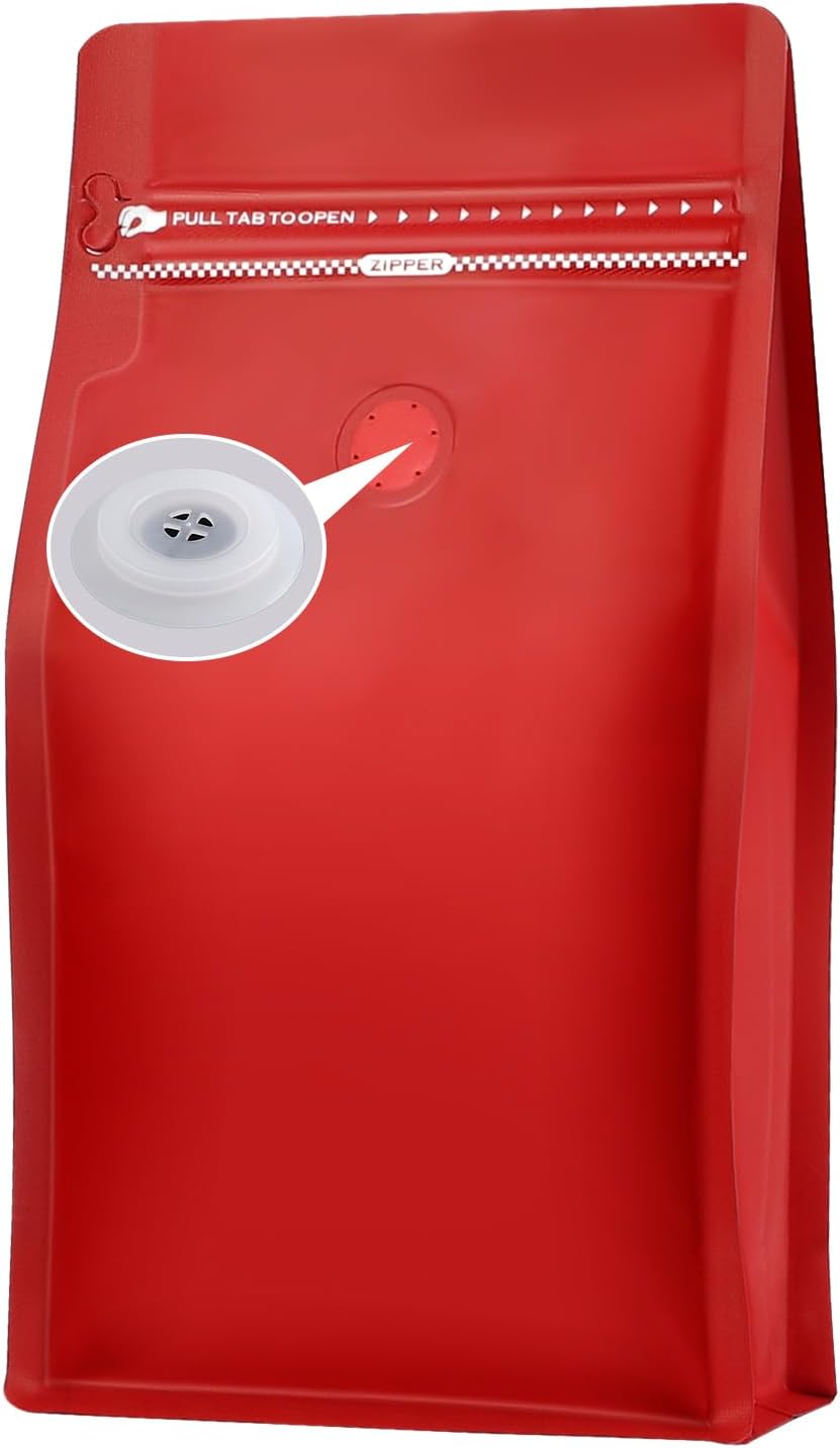 REMTAP Coffee Bags with Valve(100pcs,12oz) Red High Barrier Aluminumed Foil Flat Bottom Standing Coffee Beans Storage Bags,Reusable Heat Sealable Side Zipper Pouches for Home or Store