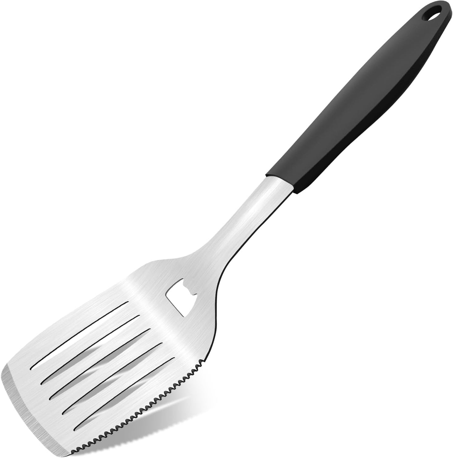 15.8'' Stainless Steel Grill Spatula for Outdoor Grill, 3-in-1 Metal BBQ Spatula Turner with Full Tang Silicone Handle and Serrated Edge, Heavy Duty Barbecue Tools Spatula for Grilling Cooking