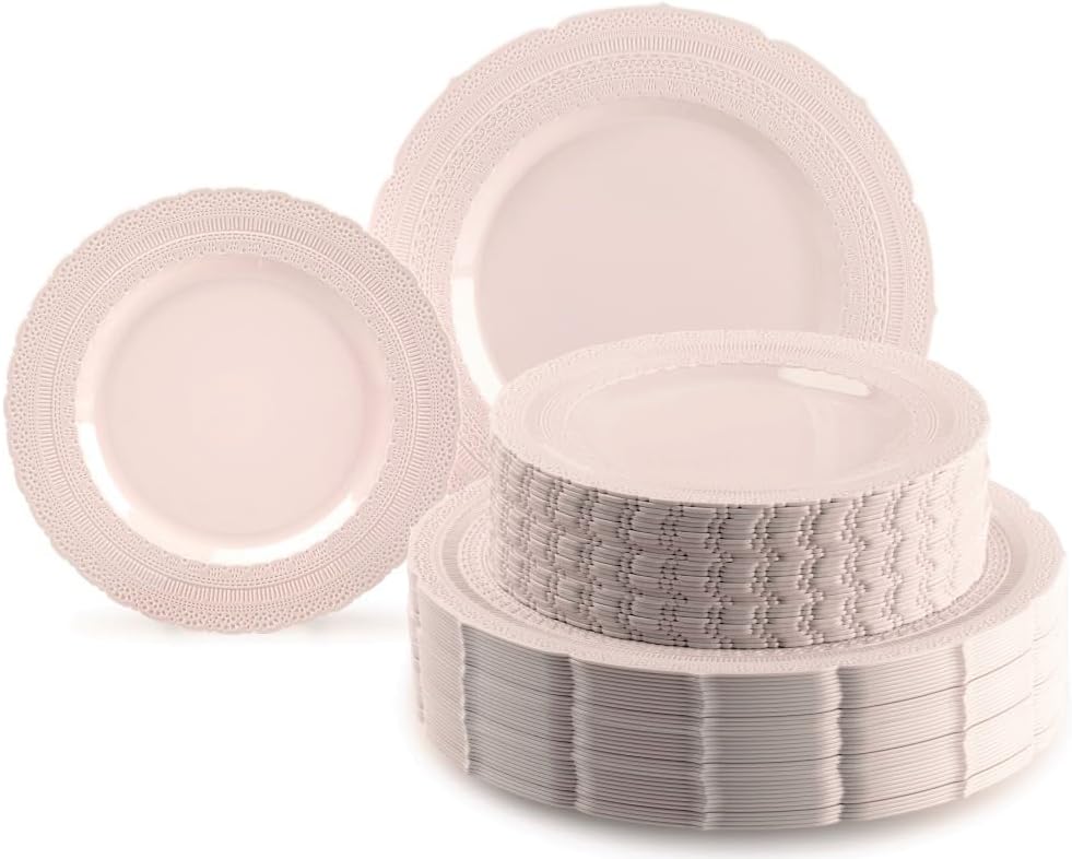 " OCCASIONS " 120 Plates Pack,(60 Guests) Extra Heavyweight Vintage Wedding Disposable/Reusable Plastic Plates 60x11'' Dinner+60 x 8.25'' Salad/Dessert Plate (Chateau Blush Pink)