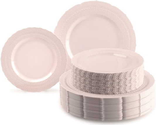 " OCCASIONS " 120 Plates Pack,(60 Guests) Extra Heavyweight Vintage Wedding Disposable/Reusable Plastic Plates 60x11'' Dinner+60 x 8.25'' Salad/Dessert Plate (Chateau Blush Pink)