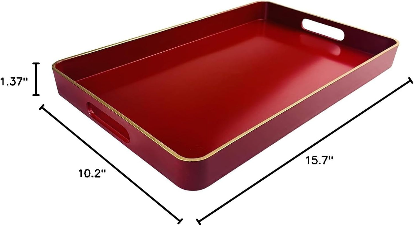 Red Decorative Tray, Serving Tray with Handles, Plastic Rectangular Tray for Ottoman, Coffee Table, Bathroom, Living Room. 15.7"*10.2"