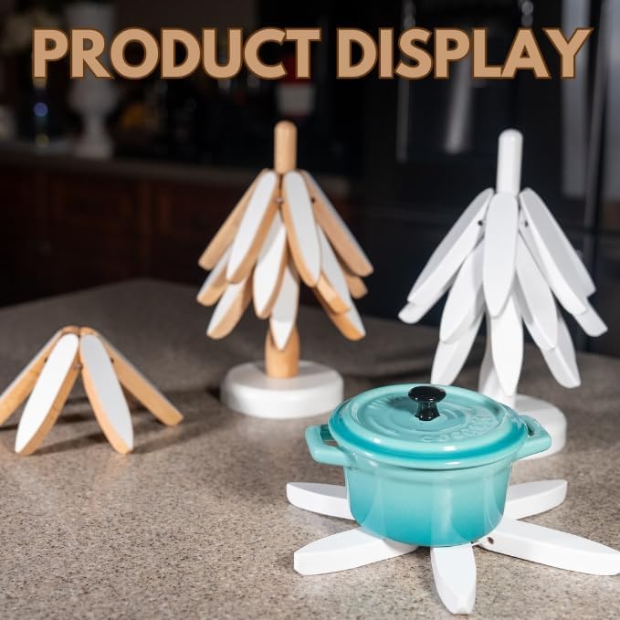 Wooden Trivets for Hot Dishes, Tree Trivet Set, Stackable Tree Coasters for Hot Dish, Pot, Bowl, Teapot, Includes 4 Trivets, 1 Stand, and 4 of Choice (White)