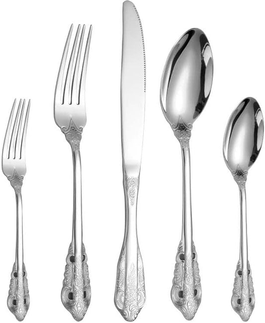 Antique Silverware Set for 8 Silvery Royal Flatware Stainless Steel 40 Pieces Eating Utensils Vintage Fork Knife Spoon Luxury Home Kitchen Restaurant Festival Parties
