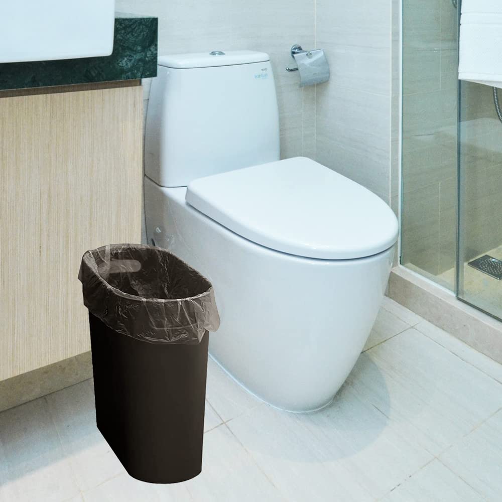 Small Trash Can Plastic Bathroom Wastebasket 3.2 Gallon Slim Garbage Container Bin with Handle for Home Kitchen Bathroom Bedroom Office, 2 Pack (Brown)