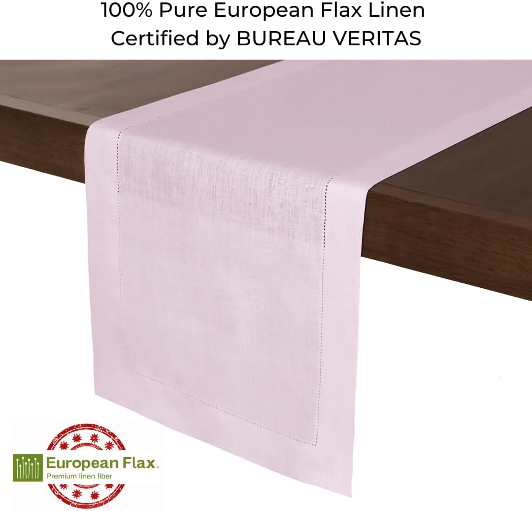 D'Moksha Homes Linen Pastel Pink Table Runner 60 Inches - Classic Hemstitch, 100% Pure Linen Coffee Table Runner 14 x 60 Inch Ideal for Dresser Tables - Fall, Autumn and Halloween