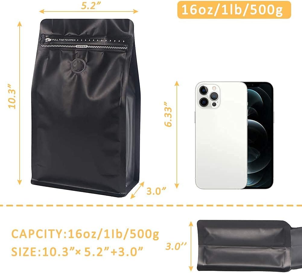 REMTAP Coffee Bags with Valve,(100pcs,16 oz,1lb) Black High Barrier Aluminum Foil Flat Bottom Stand up Empty Coffee Beans Storage Bag
