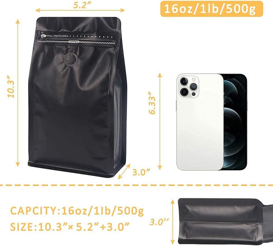 REMTAP Coffee Bags with Valve,(100pcs,16 oz,1lb) Black High Barrier Aluminum Foil Flat Bottom Stand up Empty Coffee Beans Storage Bag