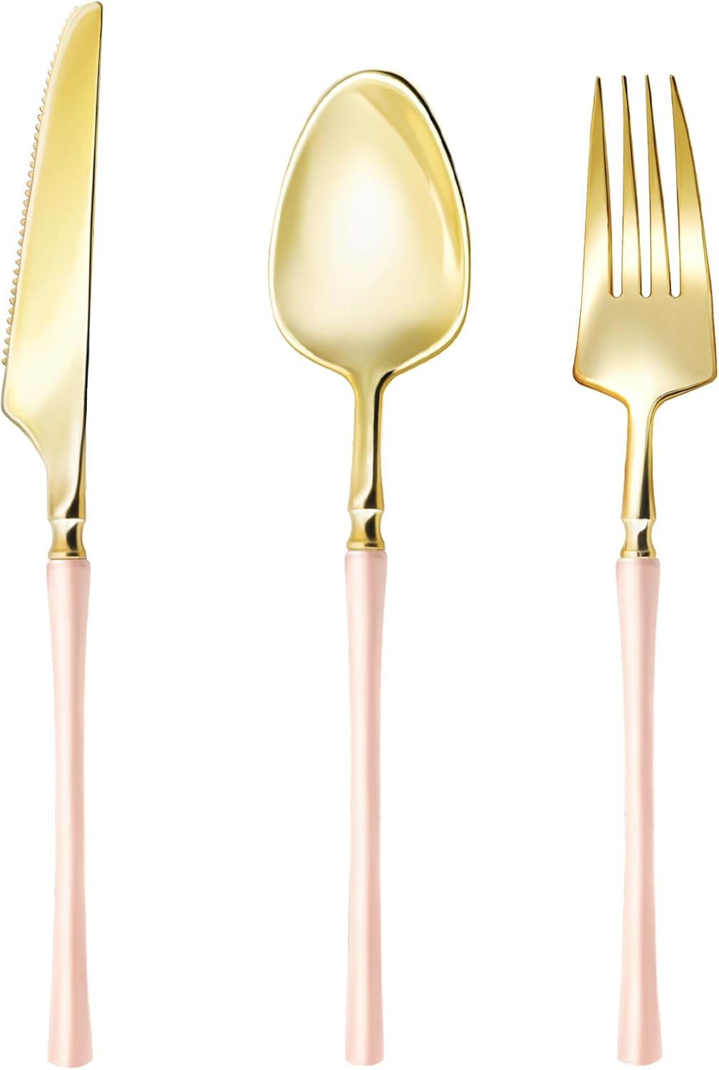 Lullaby 90pcs Gold Plastic Silverware, High End Disposable Cutlery with Pink Handle Include 30 Forks, 30 Spoons, 30 Knives, Elegant Disposable Silverware for Wedding, Party, Gathering and Daily Use