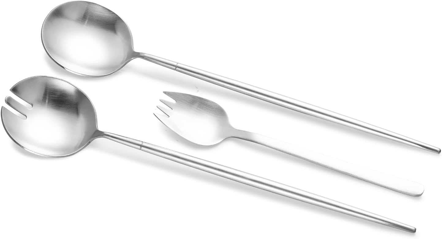 8-Piece Silver Salad Serving Set - 11.4 inch Stainless Steel Spoon & Fork with 6 Salad Forks, Titanium Plating, Dishwasher Safe for Entertaining, Parties