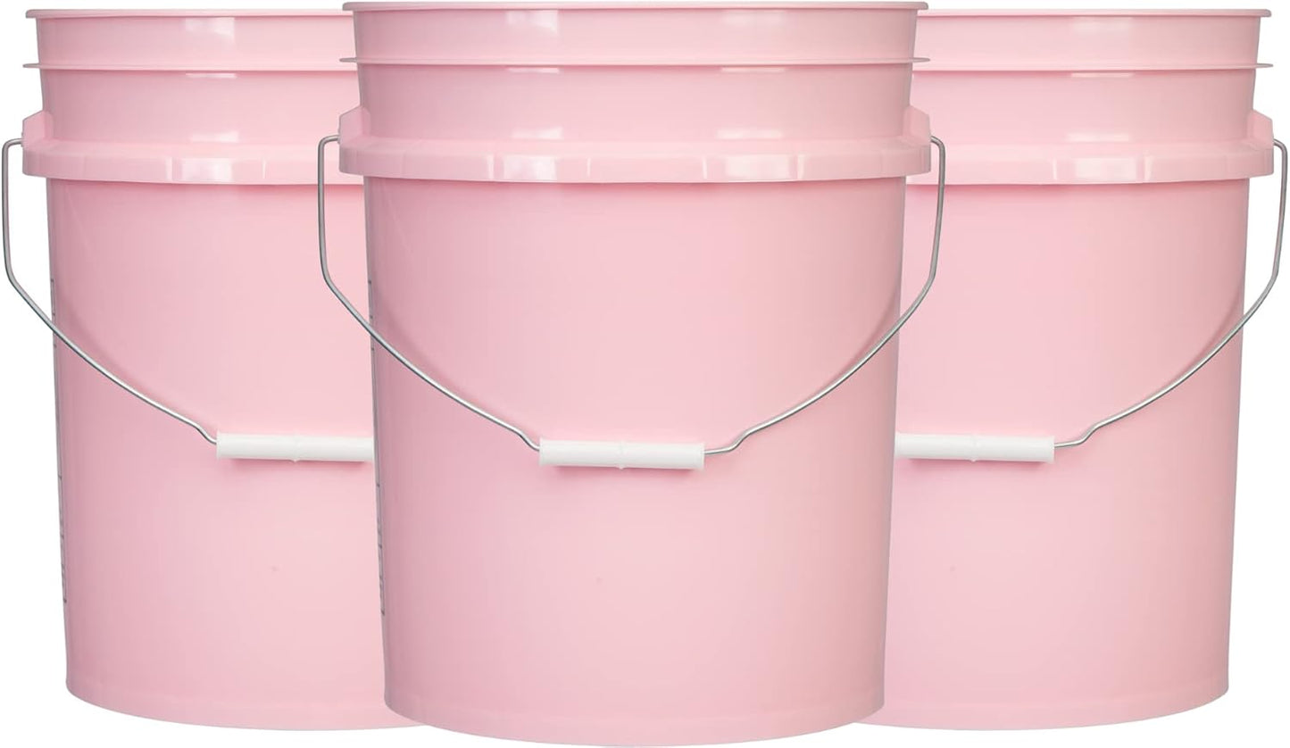 House Naturals 5 Gallon Pink Food Grade Plastic Storage Bucket with Lid Cover (Pack of 3) Made in USA (with White Easy Open Close Lids)
