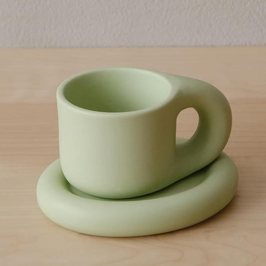 WENSHUO Chubby Funny Coffee Mug, Novelty Cute Cup and Saucer, Matte Crème, 9 oz (Mint Green)