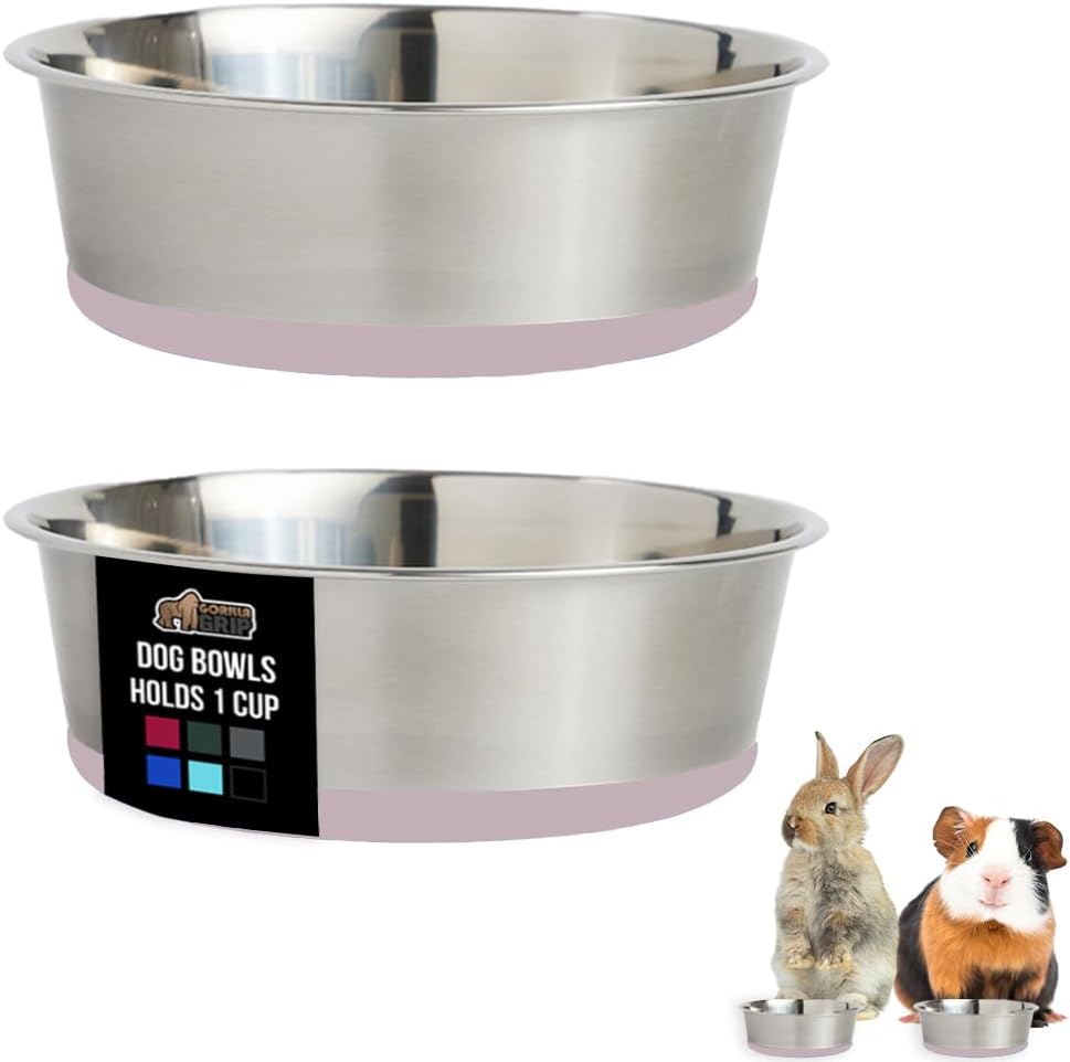 GORILLA GRIP Set of 2 Dog Bowls, Heavy Duty Metal Food and Water Bowl for Feeding Dogs and Cats, Dishwasher Safe, Rust Resistant Stainless Steel, BPA Free Rubber Base, Holds 1 Cup (8 fl oz), Lt Pink
