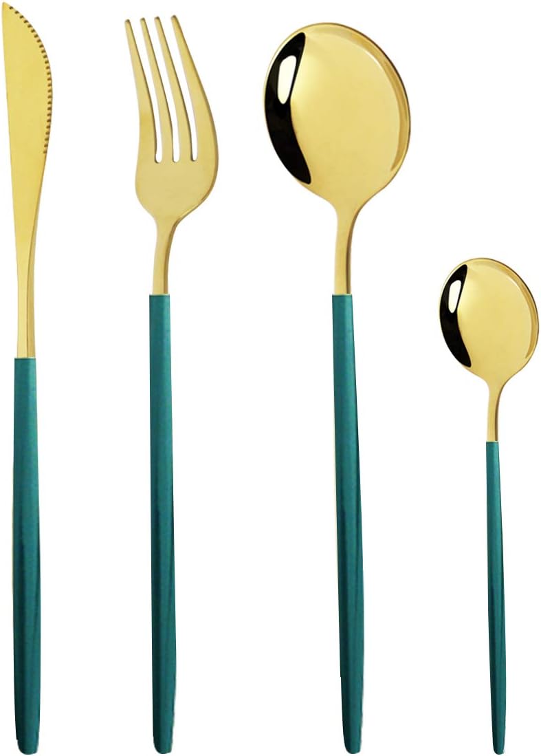 Gugrida 24 pieces Silverware Set - 18/10 Stainless Steel Reusable Utensils Flatware Set, Mirror Cutlery Green Gold Flatware Set, Great for Family Gatherings & Daily Use (Service For 6)