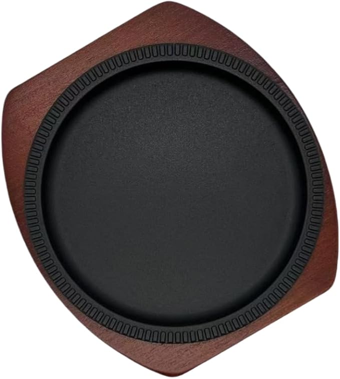 Steak Pan Sizzle Griddle, Cast Iron Steak Plate, Grill Pan with Wooden Base